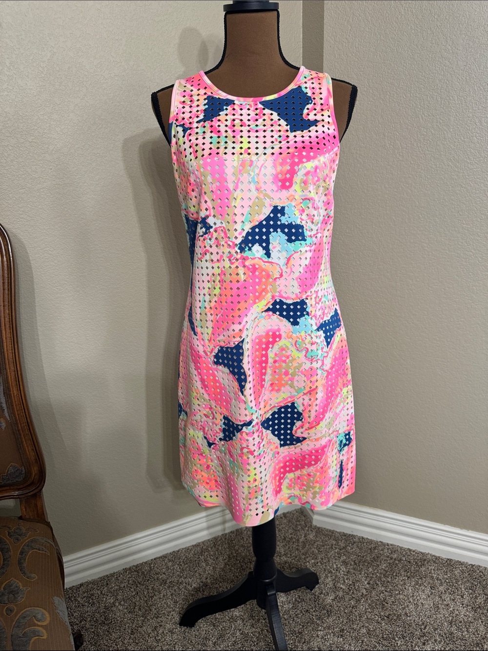 Lilly Pulitzer Pink Neon Floral Shift Dress with Navy Accents
